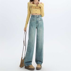 Straight high waisted crotch covering slimming out in spring 2024 American high waisted narrow version draped white jeans for women