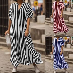 Casual Dresses Oversized Striped Short Sleeve Ankle-Length Dress For Women Female Loose Fit V-Neck With Pockets Robe Femme