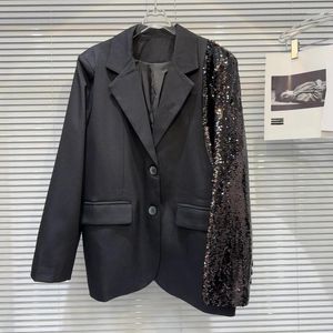 Women's Suits BORVEMAYS Sequins Patchwork Loose Blazer Temperament Tailored Collar Single-breasted Long Sleeve Spring Fashion Coat