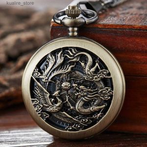 Pocket Watches Mechanical Pocket Dragon Phoenix Play Ball Steampunk Skeleton Hand-Wind Flip Clock Fob With Chain Double Hunter Gift L240402