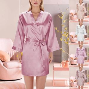 Hemkläder Kvinnor Solid Color Bathrobe Wedding Dress Bridesmaid Satin Kimono Pyjamas Bandage Clothes Flare Sleeve Mini Nightgowns Robes