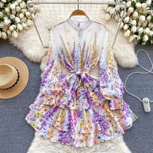 Women Basic Casual Dresses Summer Runway Gorgeous Flower Chiffon Ruffles Mini Dress Women Stand Neck Lantern Sleeve Floral Print Boho Robe Vestidos 2024