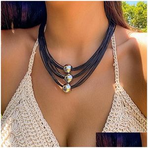 Chokers Choker Ingesight.z Vintage Mtilayer CCB Ball Black Leather Wax Colles