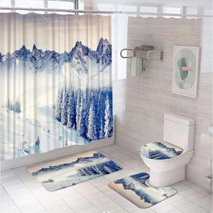 Shower Curtains Snow Mountains Forest Rustic Curtain Set Winter Scenery Tree Flannel Non-Slip Bath Mat Bathroom Rug Toilet Lid Cover Home