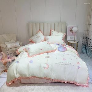 Bedding Sets Luxury Cartoon Universe Embroidery Satin Set Duvet Cover Bed Linen Fitted Sheet Pillowcases Home Textile