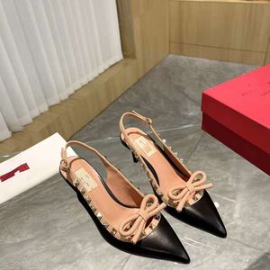 V Family Ding Bow Tie Rivet Thin High Root Shoes Women's Summer Pointed Head Back Strap Cowhide Baotou Sandals OL Commuting