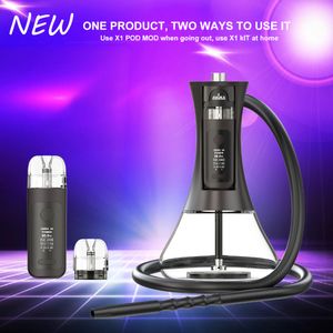 Neue arabische Glas Shisha Dual-Use E-Zigarette Shisa Austauschbarer Pod Vapes Ehuka x1 60W Kit Elektronische Ehookah Vape 2000mAh Batterie LED-Leuchtmodus Vaper Big Vapor Pen