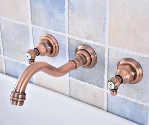 Bathroom Sink Faucets Antique Red Copper Brass Wall Mounted Dual Handles Widespread 3 Holes Basin Tub Faucet Mixer Water Taps Msf522