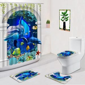 Shower Curtains 4pcs Dolphin Curtain Seabed Animal Ocean Non-Slip Flannel Carpet Toilet Foot Pad Doormat Bath Mats Bathroom Decor