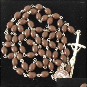 Pendant Necklaces 8 6Mm Sier Plating Chain Oval Brown Glass Bead Rosary Cute Pope For Italy Market Drop Delivery Dhf6R