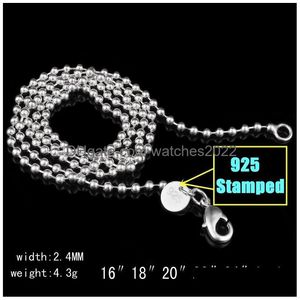 Łańcuchy 2,4 mm 925 Sterling Sier Sier Ball Ball Ball Kobiet biżuteria DIY Making Mase Mens Hombster Zapięcie Naszyjniki Prezenty 16 18 20-22-24 Dro DHX4K