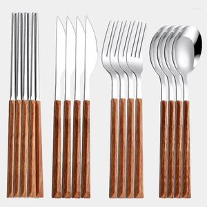 Servis uppsättningar 12-16 st Imitation Trähandtag från bestick set rostfritt stål bordsartikn kniv gaffel skedar silvervaror västerländskt bestick