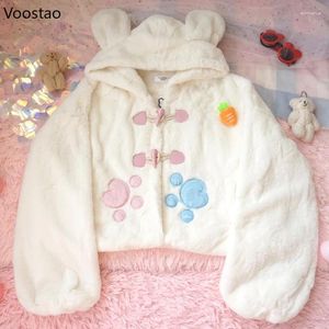 Kadın Ceketleri Sonbahar Kış Tatlı Lolita Coats Japon Kızlar Kawaii Sıcak Yumuşak Peluş Karikatür Kulakları Kapşonlu Günlük Kadınlar Sevimli Tops