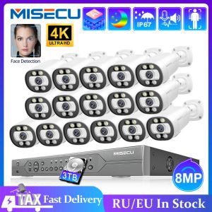 시스템 MISECU Ultra HD 4K 16CH POE 보안 카메라 시스템 8MP 스마트 AI 컬러 야간 얼굴 감지 실외 CCTV 비디오 감시 세트