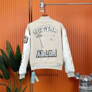 Mens Jackets Milan Joint Mens and Womens World Cup Star Baseball Jacket Autumn and Winter Off Brand Couple OW Heavy Industry Embroidered Wool Panel Leather Sleeve lux