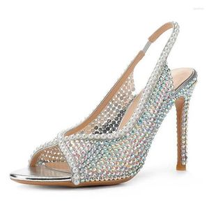 Klänningskor bling Crystal Pointed Toe Women Slingback Pearl Trim Trim Open Thin Heels Sandaler Firar Wedding Bride