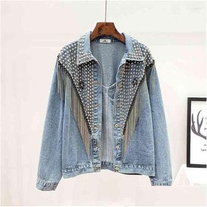 Damenjacken Frauen Frühling Sommerfrau Denim Mantel Perlen Rivet Vintage Boyfriend Style Jacke weibliche schicke Mode Langarmdro dhz3p