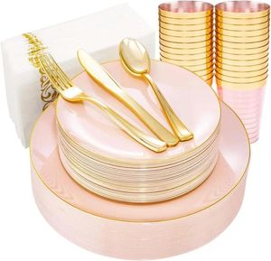 Disposable Dinnerware 210Pcs Plastic Pink Plates With Gold Silverware Set Include 30Pink Dinner & 30 Dessert 90Gold Cutlery