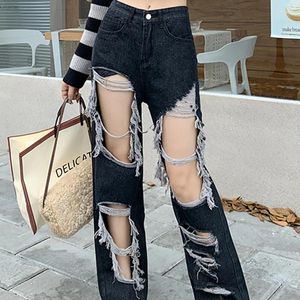 Women's Jeans Black Distressed For Summer Skinny And Spicy Girl Design Wide Leg Straight Tube Mop Pants Oversized S-4XL 5XL