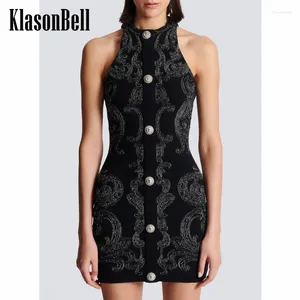 Casual Dresses 3.30 KlasonBell Silver Wire Embroidery Print O-Neck Tank Dress Fit Women Gold Button Collect Waist Temperament Party Mini