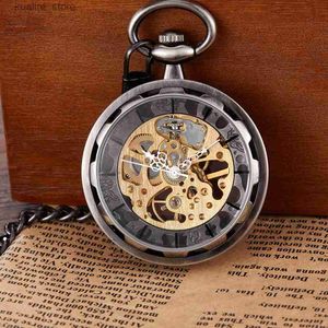 Zegarki kieszonkowe nowa mechaniczna kieszonkowa łańcuch klasyczny steampunk rzymski szkielet czarny zagłębiony mężczyzna kieszankowy zegar L240402