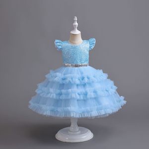 Flickaklänningar lyxiga blommaflickor klänning Scoop Neck Puff Girls Party Dresses For Kids New Wedding Birthday Children Kläder Tulle barn Julceremoniell klänning