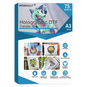 Paper WOWOCUT Holographic DTF Transfer Film A3 75PCS Printable Matte IronOn Heat Transfer Paper for Dark Light Fabric Sublimation Ink