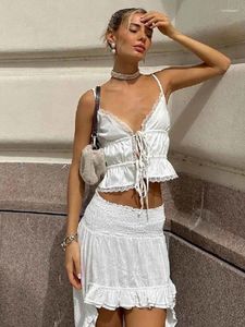 Work Dresses NIDANSSI White Lace Ruffle Sexy Two Piece Set 2024 Up Casual Holiday Top Midi Skirt Women Elegant 2
