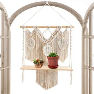 Tapisserier Macrame Wall Hanging With Shelf Boho Dekorativ rustik trä flytande växter hyllor Handgjorda vävda rep hem