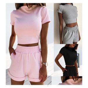 Kadınların Takipleri Kadınlar 3 Renk Kadınlar Giyim Giysileri Sıradan Kıyafet Kısa Kollu Yüksek Bel Şortları 2 Parça Set Moda Bodycon S-XL DRO DHQVK