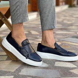 Casual Shoes Brown Men Sports Vulcanize Black Handmade Double Buckle Monk