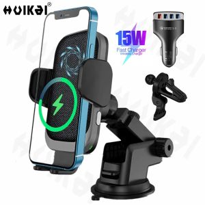 Chargers Wireless Car Charger 15W Qi Fast Charging Auto Clamping Car Mount Buildin Cooling Fan Air Vent för iPhone 12 Pro Max 11 Samsung