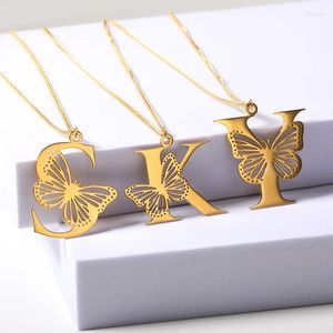 Pendant Necklaces 1Pcs Cute Hollow Out Big Butterfly Letters Women Silver/Gold Color Stainless Steel Alphabet Animal Necklace