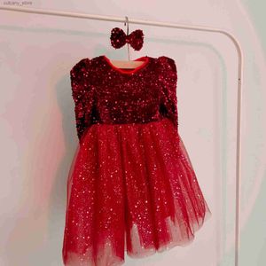 Girl's Dresses Sequin Baby Girls Party Dresses with Hairpin Long Seve Kids Winter Princess Drsess 3-8 Yrs Red Christmas New Year Girls Dress L240402