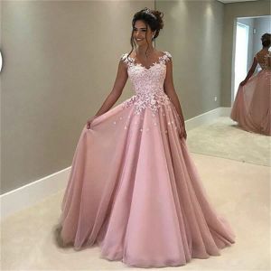 Klänningar formella longo blommor applikationer rosa aline prom klänning ärmlösa långa aftonklänningar vestido festklänningar vestido de festa