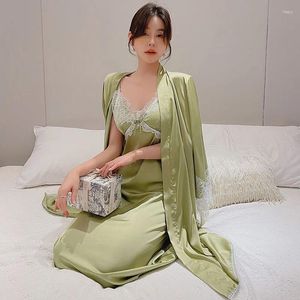 Home Clothing Lace Flower Sweet Ladies Robe Gown Suit Sexy V-Neck Nightdress Spring Autumn Faux Silk Pajamas Intimate Dress Sleepwear