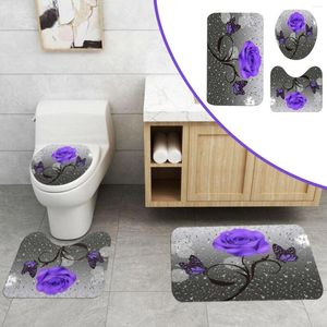 Tappetini da bagno 3pcs farfalla retrò tappetino da bagno rosa tapaggio a forma di coperchio coperchio del coperchio (viola) coperta con cuscini abbinati