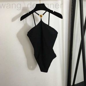 Women's Swimwear designer 2023 Summer New Medusa Portrait Gold Button Decoration Sexy Open Back One Piece Swimsuit with Chest Pads 5Z01