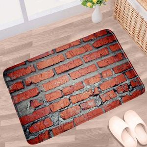 Bath Mats Red Stone Brick Wall Bathroom Mat Vintage Geometric Textured Anti-Slip Rugs Flannel Fabric Toilet Kitchen Entrance Aisle Carpets