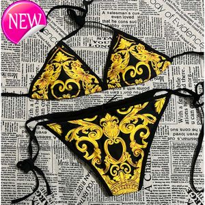 Yüksek kaliteli bayan tasarımcı mayo seksi bikinis 2024 yeni moda kadın mayo altın renkli bikini seti klasik desen iki parça bandaj push swi