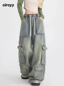 Women's Jeans Cargo Pants Women High Waisted Drawstring Vintage Loose Wide Leg 2024 Fashion Full Length Washed Pockets Trousers