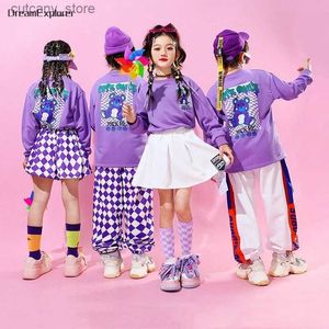 Sukienki dziewczynki Hip Hop Girls Cute Purple Bluza Plaid Spódnice Street Dance Joggers Pants Boys Streetwear Child Jazz Ubrania Zestaw Kostium dla dzieci L240402