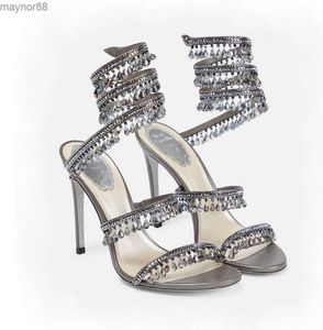 Lâmpada de cristal de novo estilo sandálias de salto de estilete para sapatos femininos rene caavilla cleo shinestone craved craved strass designers de luxo com 9,5cm de altura