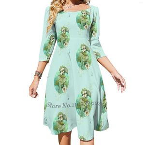 Casual Dresses Moth Square Neck Dress Plus Size Elegant Women Waist Tight Ginko Leafs Soft Nature Green Ginkgo