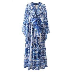 Designer Inspired Runway Fashion Summer Womens Blue Floral Printed Bohemian Maxi Wrap Dress 2023 240323