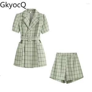 Arbeitskleider Gkyocq Koreanische Mode Frauen zweiteilige Sets französische elegante Drehkragen Kurzarm Blazer Kleid Weitbein Shorts Anzug