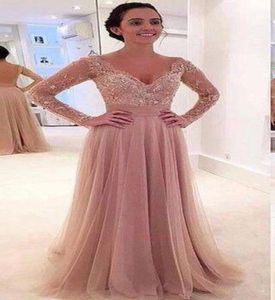 Linia Sukienki na bal maturalne V Długie rękawy długie rękawy Tiul Evening sukienka Blush Vestidos de novia impreza sukienki 5224617