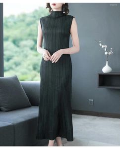 Casual Dresses SELLING Spring And Summer Miyake Pleated One-piece Dress Medium-long Stand Collar Sleeveless Straight IN STOCK