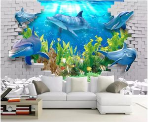 Bakgrundsbilder 3D väggväggmålningar Bakgrund för vardagsrumsväggar 3 D PO Sea World Dolphin Seaweed Brick Home Decoration