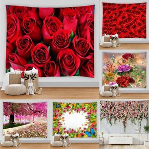 Tapestries Beautiful Flowers Red Rose Tapestry Wall Hanging Cloth Carpets Dorm Art Decor Polyester Picnic Beach Towel